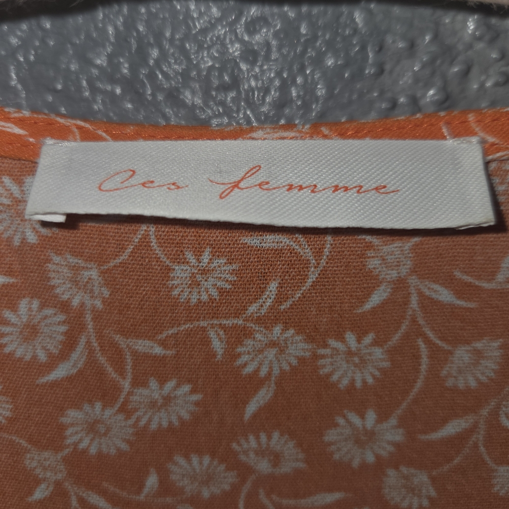 Ces Femme Orange Floral Babydoll Dress Tiered Button Front Side Pockets Size M - Picture 3 of 10